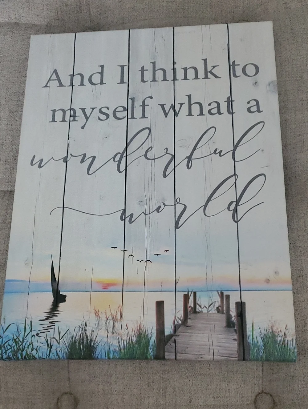 Wood Plank Style Canvas Coastal Wall Art, 'Wonderful World'  White, Blue, NWOT